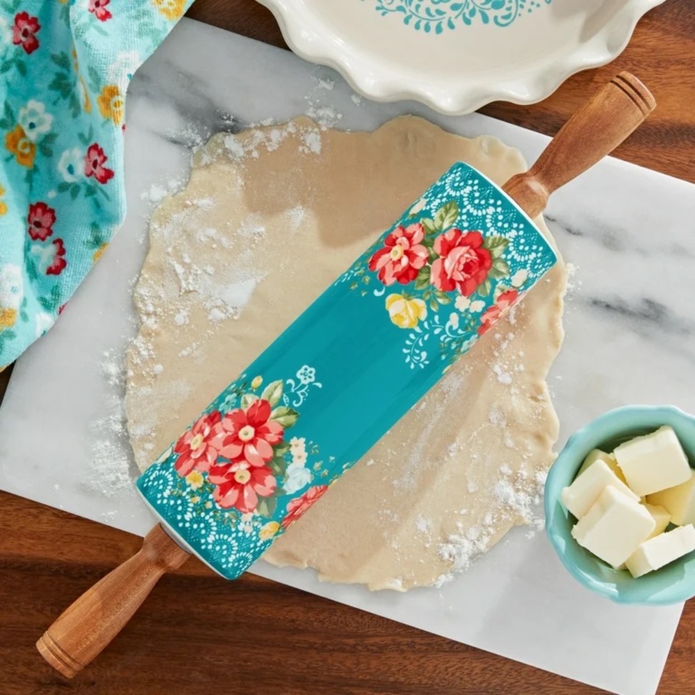 The Pioneer Woman Vintage Floral Ceramic Rolling Pin with Acacia Wood Handles